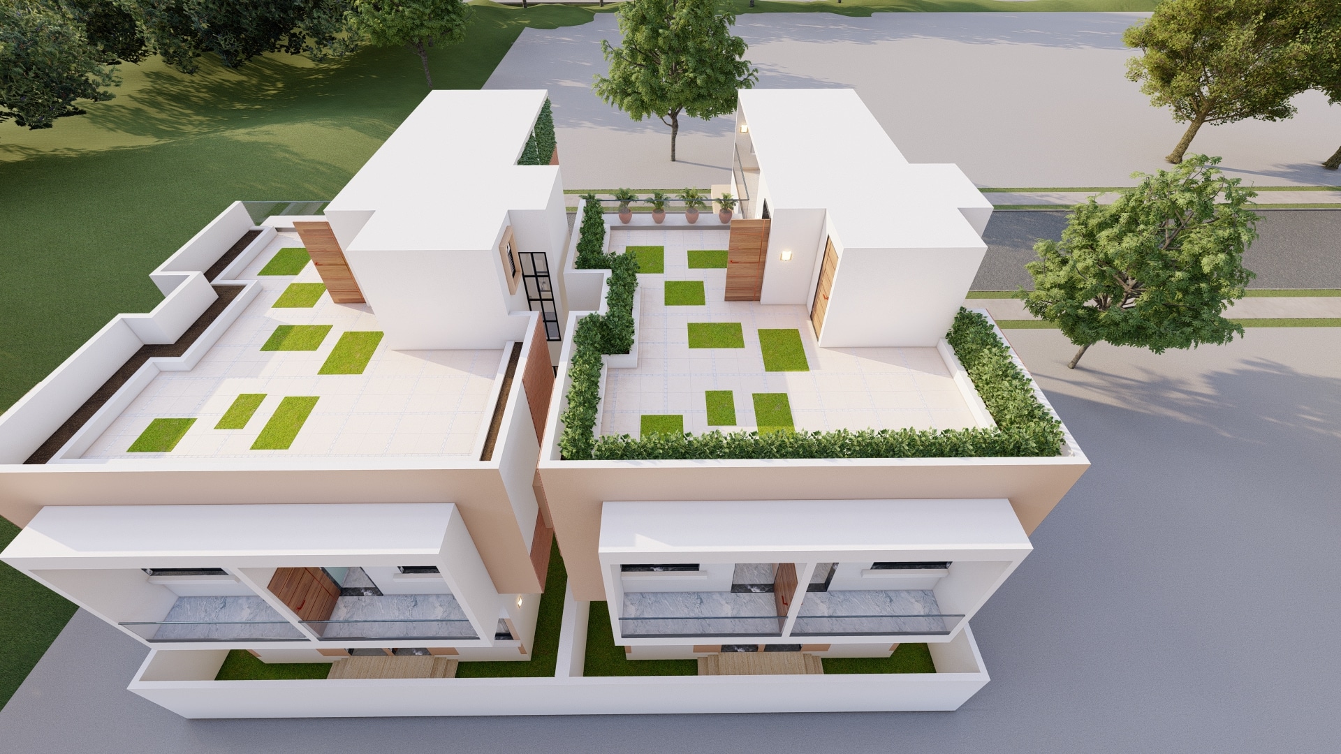 back and top view elevation of modern bungalow house layout by urban terrace east facing 1500 ft