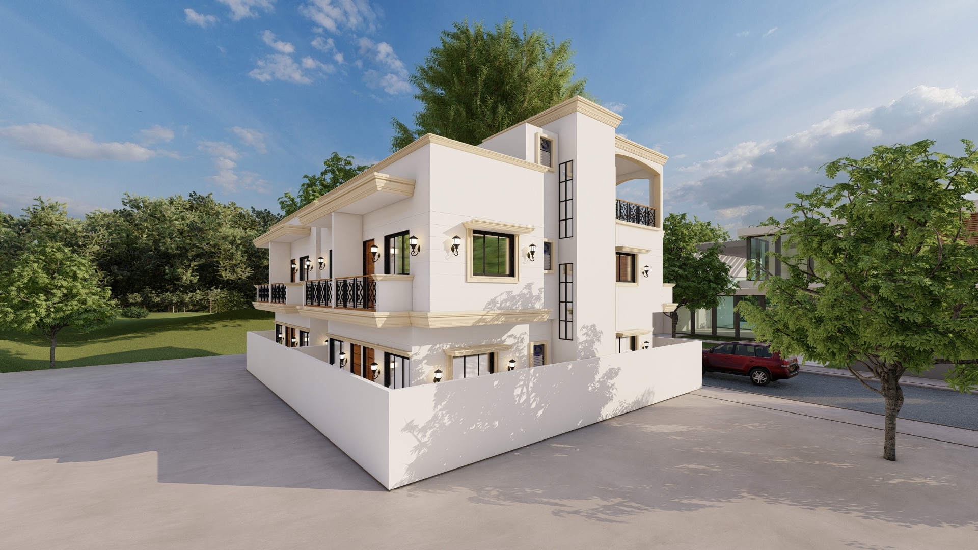 elevation of luxury bungalow home design side back urban terrace east facing 30x50 sq