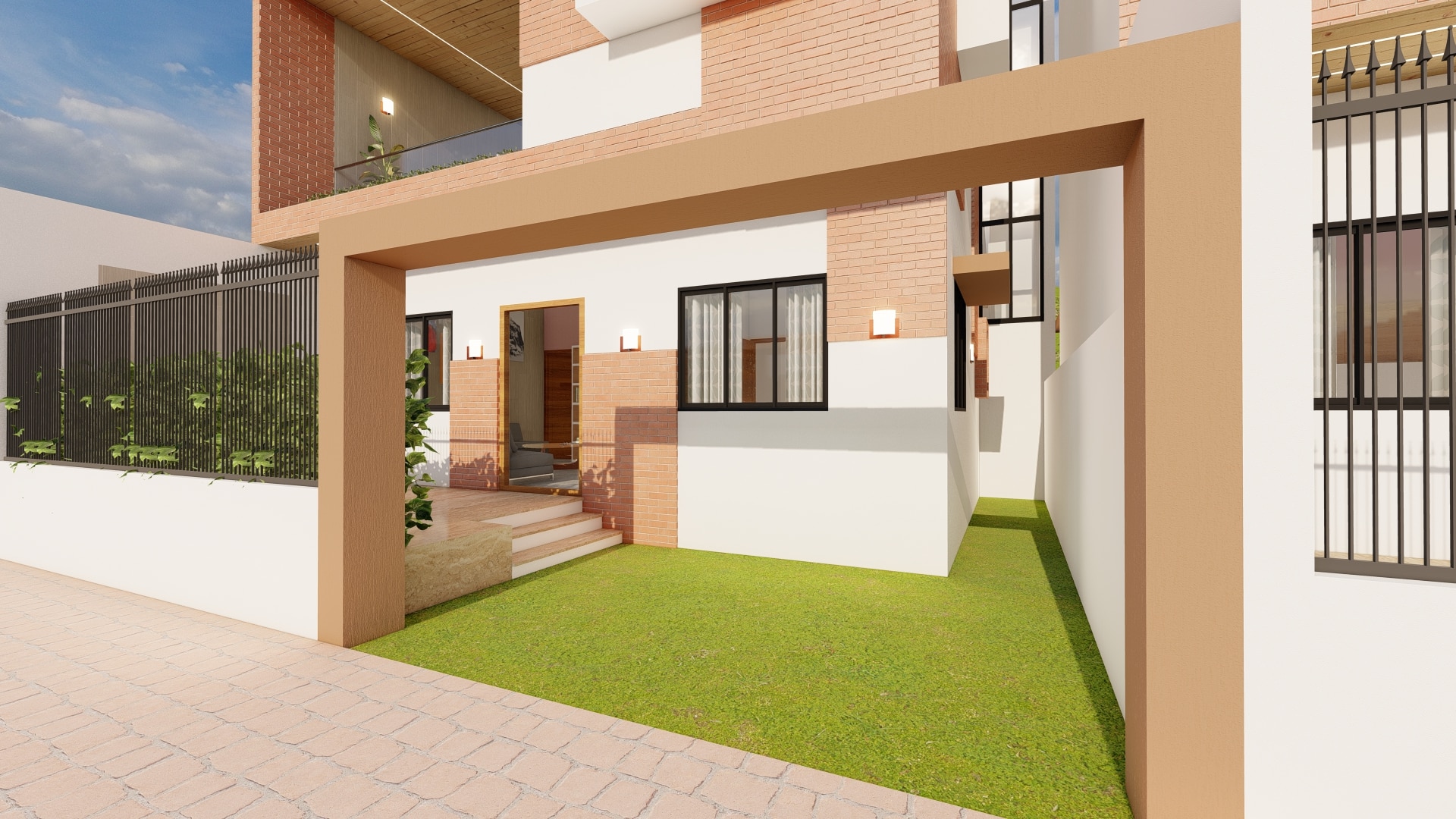 entrance of new bungalow home design by urban terrace west facing 30x50 sq ft