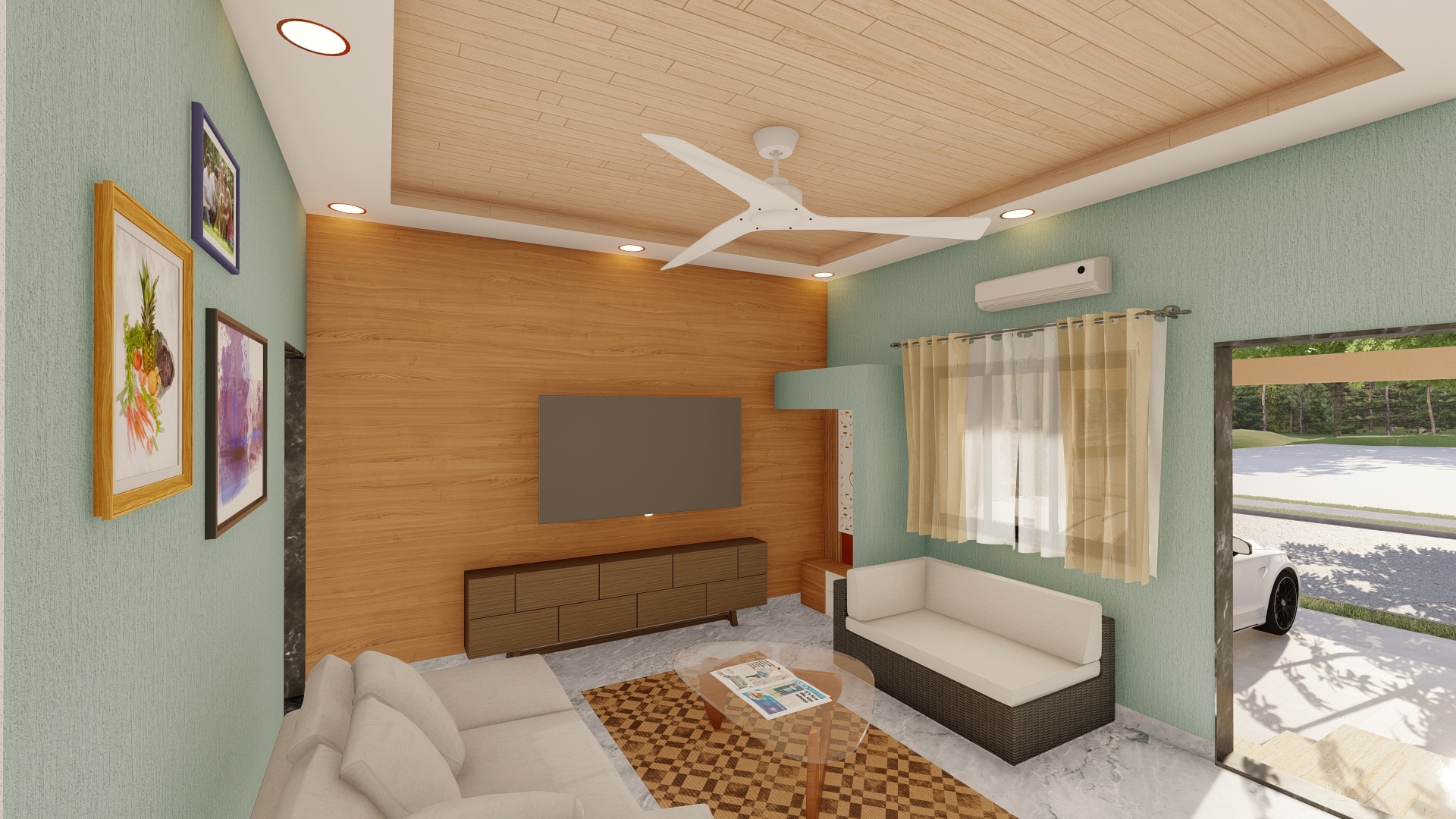 living room of modern bungalow house layout by urban terrace east facing 30x50 sq ft