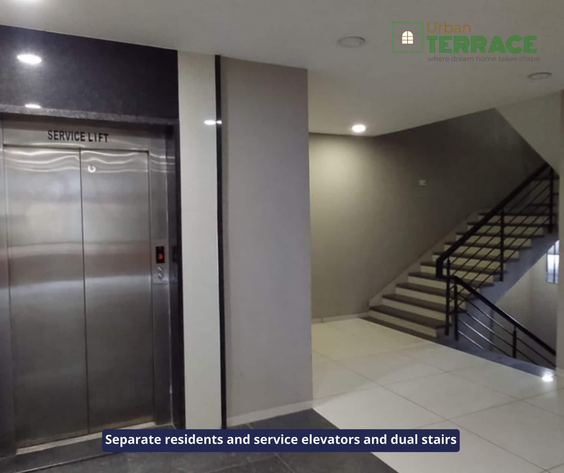 seperate service and residents elevators and dual staircase